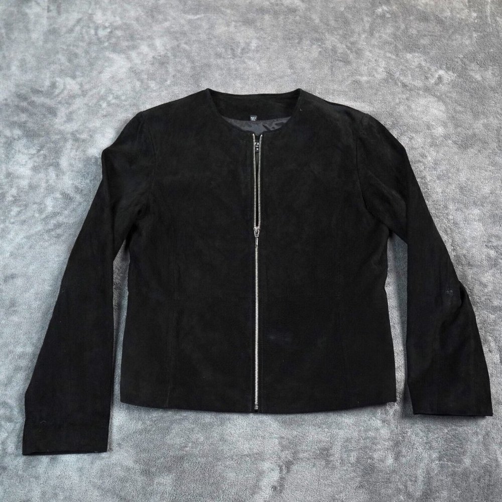 Raffaelo Womens Suede Leather Jacket Size Small Black Silver Zipper Stylish READ